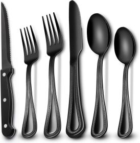 24-Piece Black Silverware Set with Steak Knives, Black Flatware Set for 4, Food-Grade Stainless Steel Tableware Cutlery Set