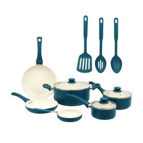 12 Piece Ceramic Nonstick Aluminum Pots and Pans Cookware Set, Blue
