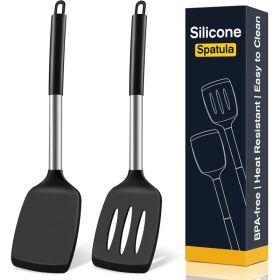 2 Pack Silicone Spatula Set, Solid & Slotted Turners For Non-Stick Pans, High Heat Resistant Cooking Utensils, BPA-Free, Black (Option: Black)