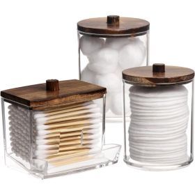 3 Pack Q Tips Holder Bathroom Containers 10 Oz Cotton Swab & Ball Dispensers, Apothecary Jars With Brown Wood Lids (Option: Group ABrown Wood)
