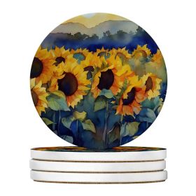 Sunflowers in Watercolor Large Sandstone Coasters Pack of 4 Absorbent Round Coasters Decor Gifts for Men or Women, 4 in, Multicolor (Option: Default)