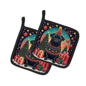 Black Pug Christmas Pair of Pot Holders Kitchen Heat Resistant Pot Holders Sets Oven Hot Pads for Cooking Baking BBQ, 7 1/2 x 7 1/2 (Option: Default)