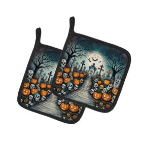 Calaveras Sugar Skulls Spooky Halloween Pair of Pot Holders Kitchen Heat Resistant Pot Holders Sets Oven Hot Pads for Cooking Baking BBQ, 7 1/2 x (Option: Default)
