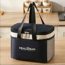 M-sized insulated storage bag, thick aluminum foil waterproof lunch cooler tote bag with reinforced handle (Color: navy blue)