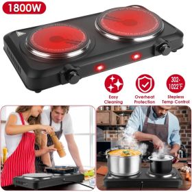 2000W Electric Infrared Dual Burner Portable Heating Hot Plate Stove Countertop RV Hotplate with 7.5' & 6.3' Glass Cooktop Stepless Temperature A (Option: Black)