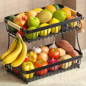 2 Tier Fruit Basket With Banana Hangers, Detachable Metal Bowl, Kitchen Countertop Storage Organizer For Fruits, Vegetables & Snacks (Option: Black)