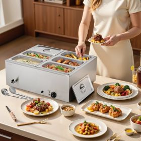 Commercial Food Warmer 6-Pan 1500W Countertop Buffet Bain Marie With Lid (Option: Silver)